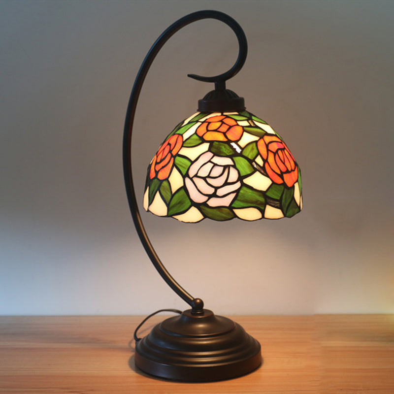 Blossom Pattern Tiffany Glass Desk Lamp - Pink/Orange 1-Head Night Table Light for Bedroom