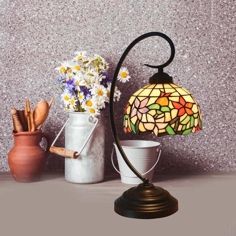 Blossom Pattern Tiffany Glass Desk Lamp - Pink/Orange 1-Head Night Table Light for Bedroom