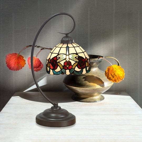 Tiffany Stained Glass Nightstand Lamp - Dome Shaped Night Table Light with Butterfly and Flower Pattern - Dark Coffee