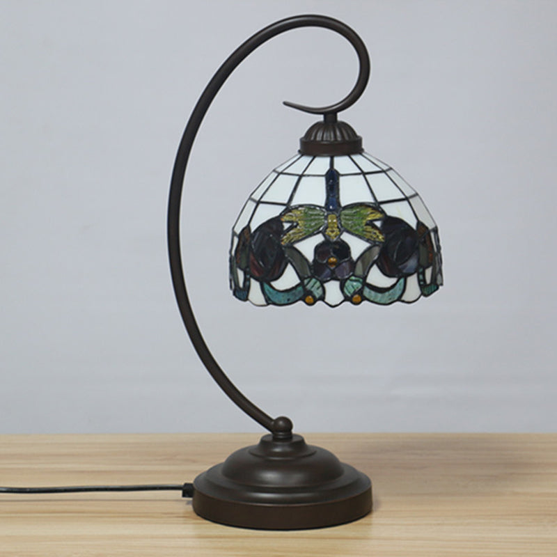 Tiffany Stained Glass Nightstand Lamp - Dome Shaped Night Table Light with Butterfly and Flower Pattern - Dark Coffee