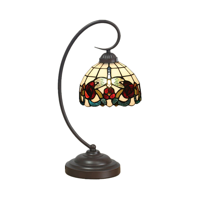 Tiffany Stained Glass Nightstand Lamp - Dome Shaped Night Table Light with Butterfly and Flower Pattern - Dark Coffee