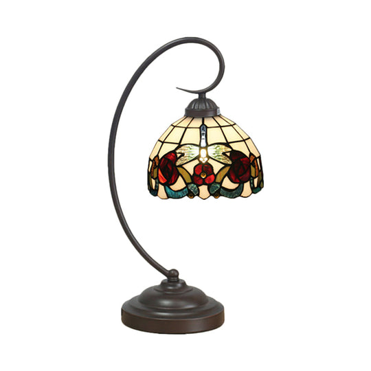 Tiffany Stained Glass Nightstand Lamp - Dome Shaped Night Table Light with Butterfly and Flower Pattern - Dark Coffee