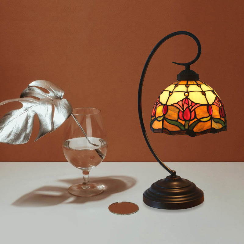 Baroque Red/Pink/Brown Cut Glass Domed Table Lamp with Curvy Arm
