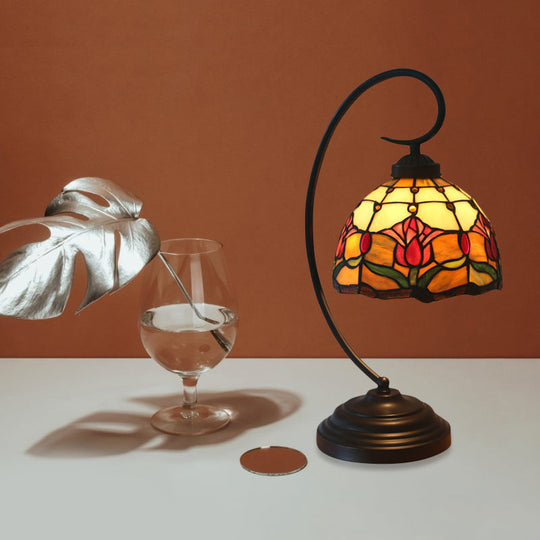 Baroque Red/Pink/Brown Cut Glass Domed Table Lamp with Curvy Arm