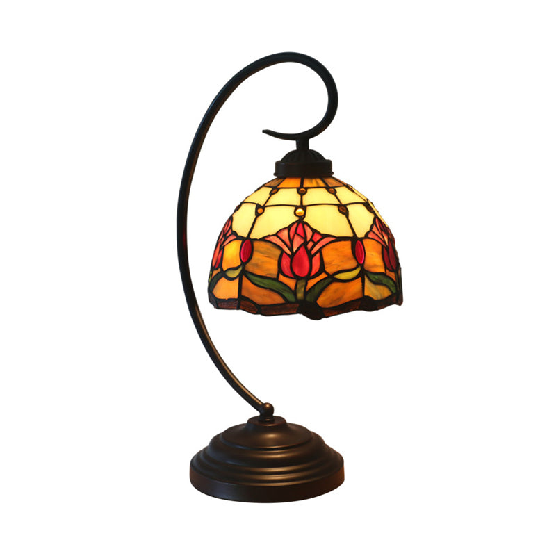 Baroque Red/Pink/Brown Cut Glass Domed Table Lamp with Curvy Arm