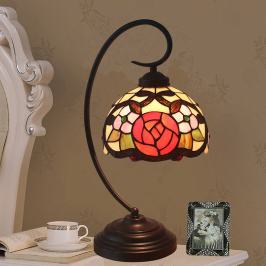 Baroque Red/Pink/Brown Cut Glass Domed Table Lamp with Curvy Arm