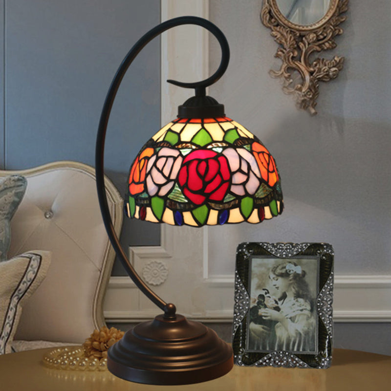 Baroque Red/Pink/Brown Cut Glass Domed Table Lamp with Curvy Arm