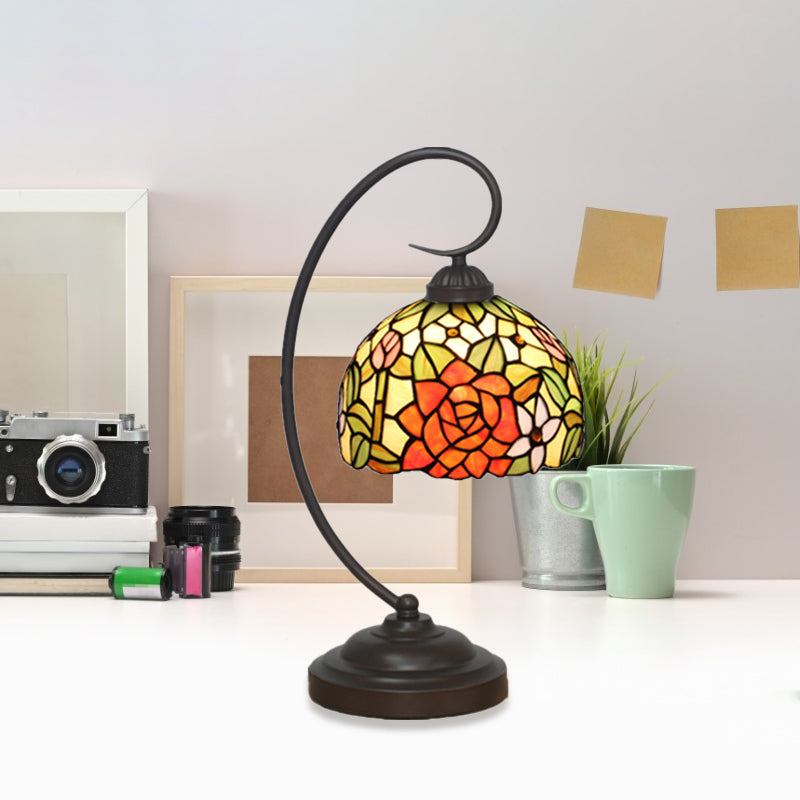 Hand Cut Glass Victorian Dome Shade Table Light with Rose Pattern - 1 Light Red/Orange Nightstand Lighting