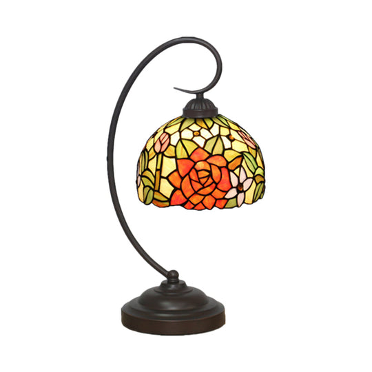Hand Cut Glass Victorian Dome Shade Table Light with Rose Pattern - 1 Light Red/Orange Nightstand Lighting