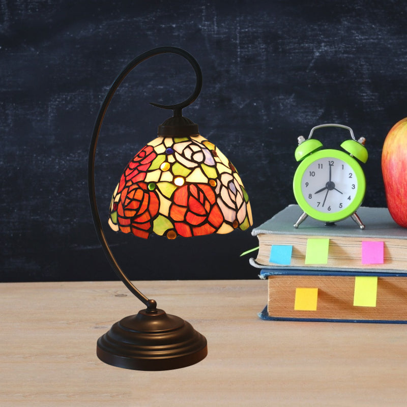 Hand Cut Glass Victorian Dome Shade Table Light with Rose Pattern - 1 Light Red/Orange Nightstand Lighting