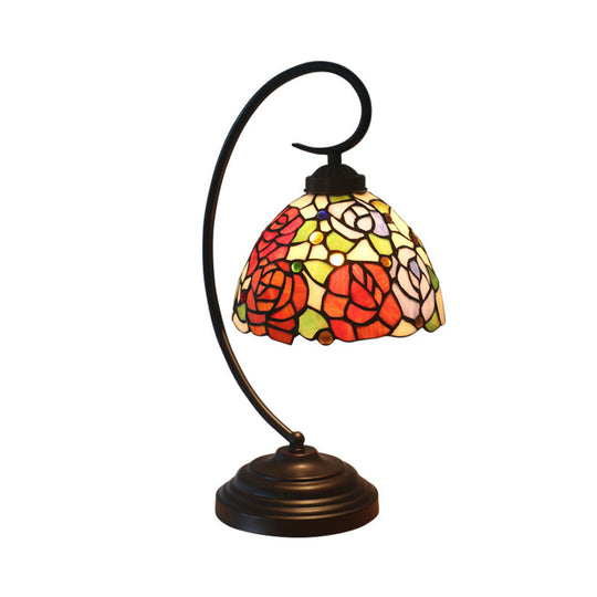 Hand Cut Glass Victorian Dome Shade Table Light with Rose Pattern - 1 Light Red/Orange Nightstand Lighting