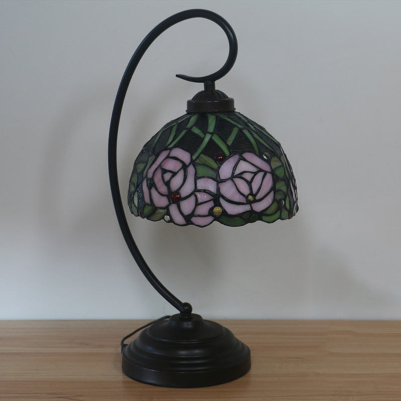 Tiffany Style Dome Cut Glass Table Lamp - Black/White Finish, Rose Pattern Night Light