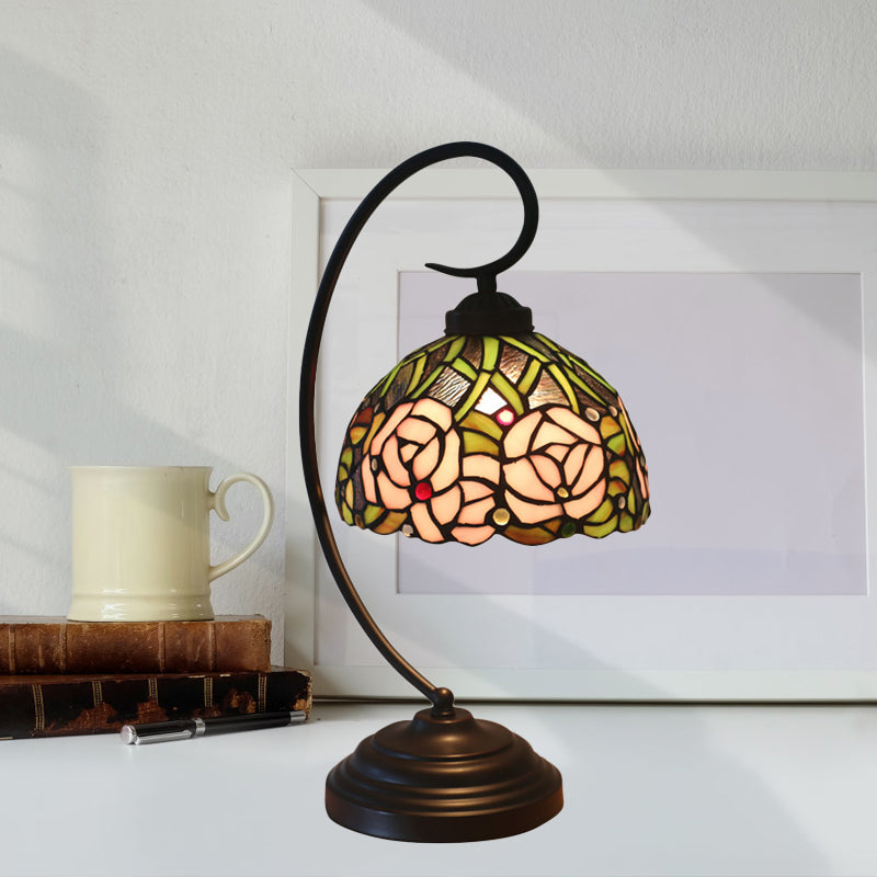 Tiffany Style Dome Cut Glass Table Lamp - Black/White Finish, Rose Pattern Night Light