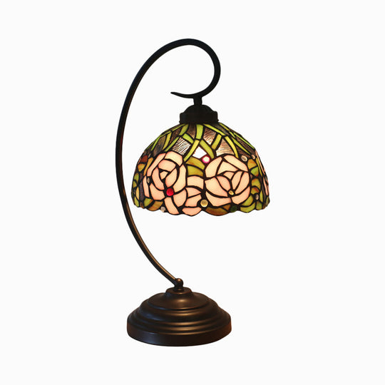 Tiffany Style Dome Cut Glass Table Lamp - Black/White Finish, Rose Pattern Night Light