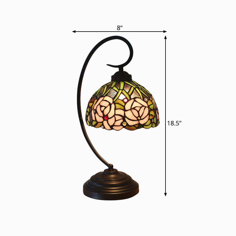Tiffany Style Dome Cut Glass Table Lamp - Black/White Finish, Rose Pattern Night Light