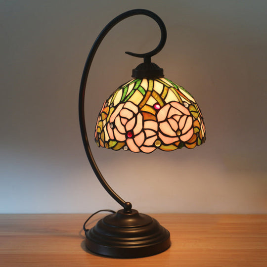 Tiffany Style Dome Cut Glass Table Lamp - Black/White Finish, Rose Pattern Night Light