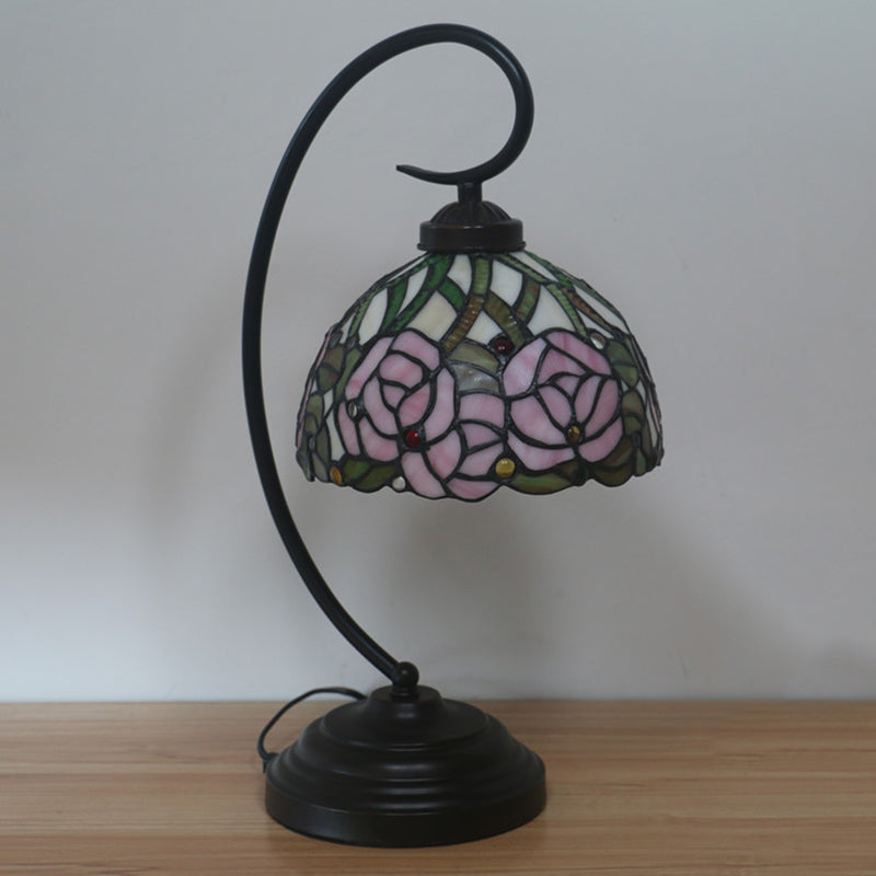 Tiffany Style Dome Cut Glass Table Lamp - Black/White Finish, Rose Pattern Night Light