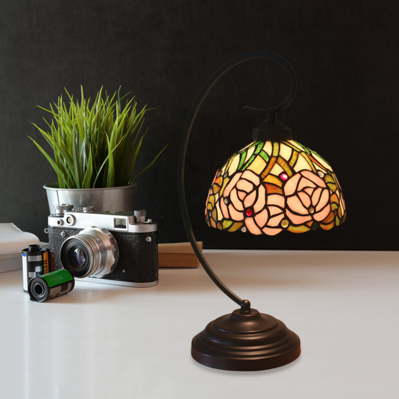 Tiffany Style Dome Cut Glass Table Lamp - Black/White Finish, Rose Pattern Night Light
