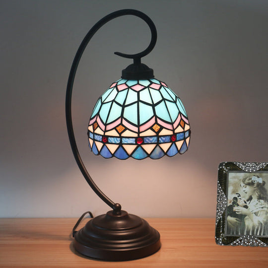 Yellow/Blue Tiffany Style Domed Nightstand Lamp - Stained Art Glass Task Lighting, Curvy Arm