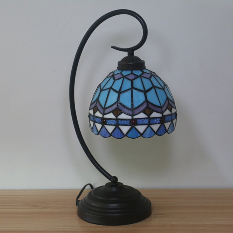 Yellow/Blue Tiffany Style Domed Nightstand Lamp - Stained Art Glass Task Lighting, Curvy Arm