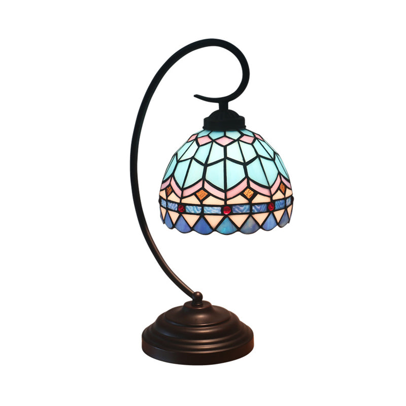 Yellow/Blue Tiffany Style Domed Nightstand Lamp - Stained Art Glass Task Lighting, Curvy Arm