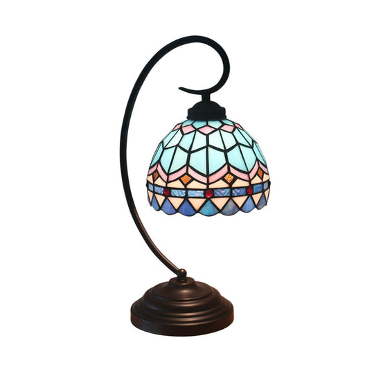 Yellow/Blue Tiffany Style Domed Nightstand Lamp - Stained Art Glass Task Lighting, Curvy Arm