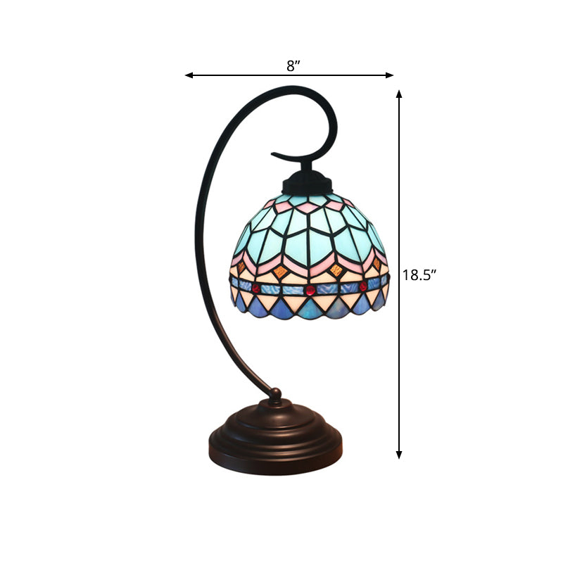 Yellow/Blue Tiffany Style Domed Nightstand Lamp - Stained Art Glass Task Lighting, Curvy Arm