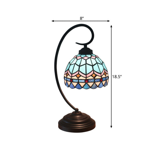 Yellow/Blue Tiffany Style Domed Nightstand Lamp - Stained Art Glass Task Lighting, Curvy Arm