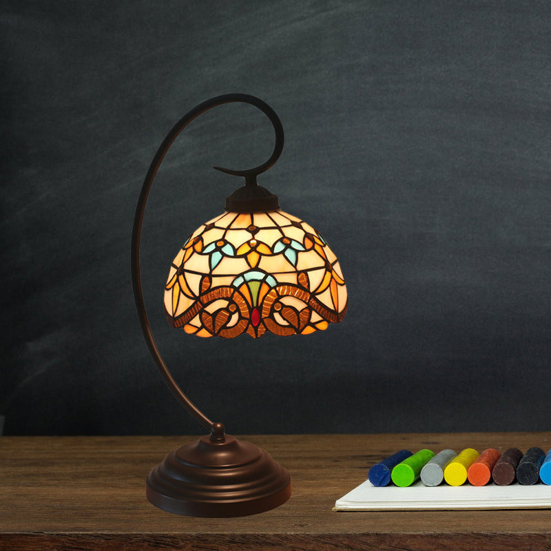 Yellow/Blue Tiffany Style Domed Nightstand Lamp - Stained Art Glass Task Lighting, Curvy Arm