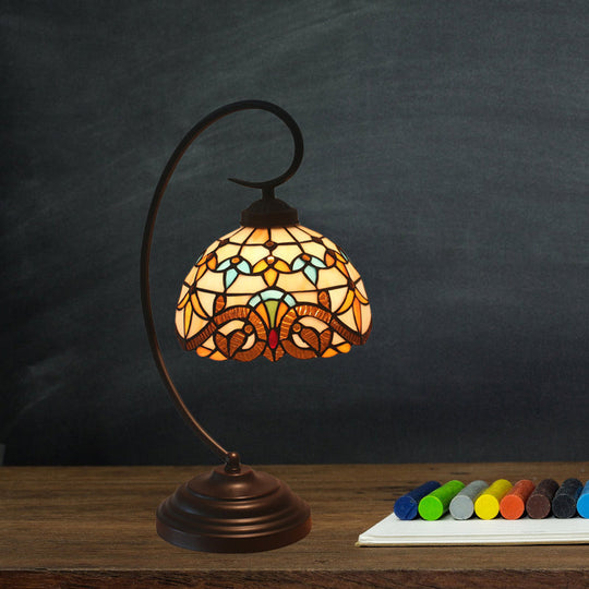 Yellow/Blue Tiffany Style Domed Nightstand Lamp - Stained Art Glass Task Lighting, Curvy Arm