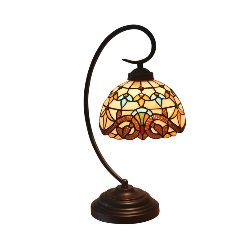 Yellow/Blue Tiffany Style Domed Nightstand Lamp - Stained Art Glass Task Lighting, Curvy Arm
