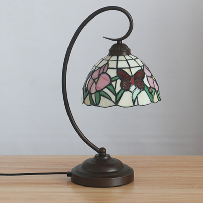 Victorian Stained Glass Nightstand Light - Pink/Purple Flower Pattern with Swirl Arm