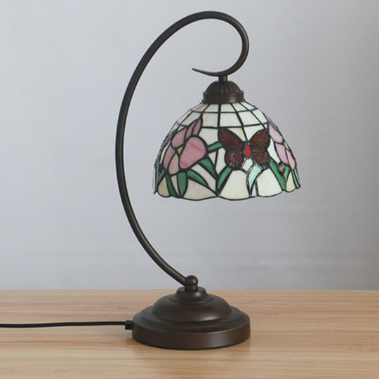 Victorian Stained Glass Nightstand Light - Pink/Purple Flower Pattern with Swirl Arm