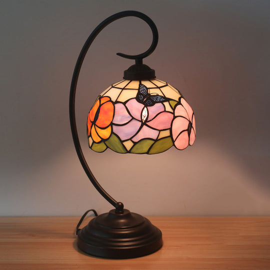 Victorian Stained Glass Nightstand Light - Pink/Purple Flower Pattern with Swirl Arm