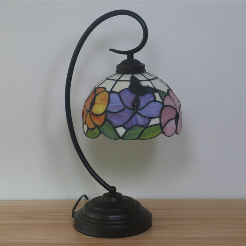 Victorian Stained Glass Nightstand Light - Pink/Purple Flower Pattern with Swirl Arm