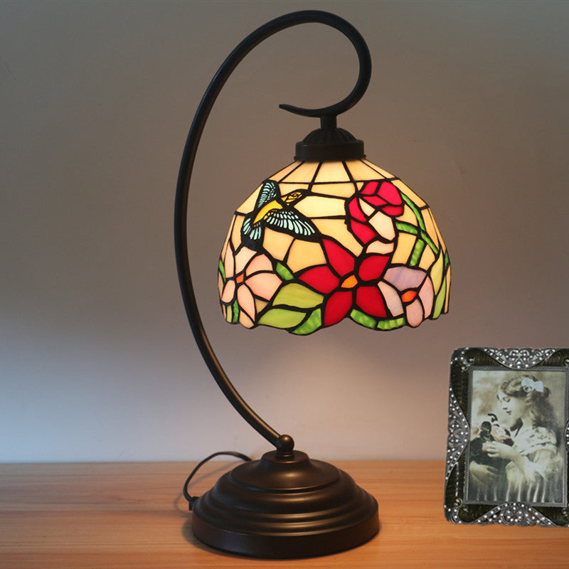 Red/Yellow Tiffany Style Hand Cut Glass Night Table Lamp with Blossom Pattern - Ideal Desk Lighting for Bedroom
