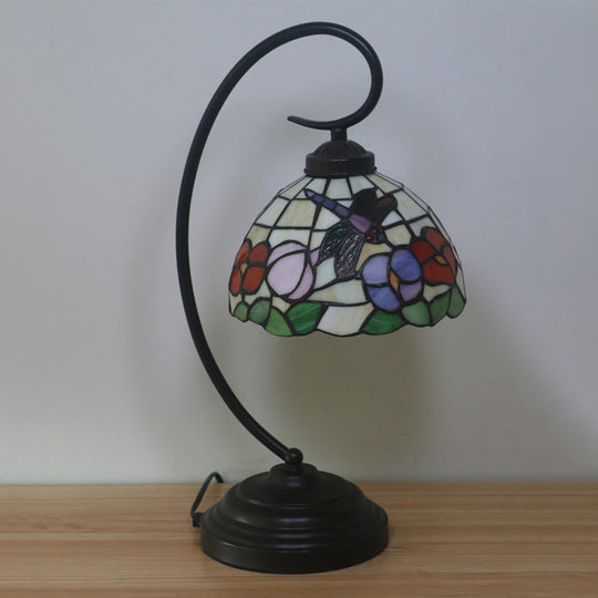 Mediterranean Cut Glass Domed Night Table Lamp - Dark Coffee Dragonfly and Flower Patterned Desk Light