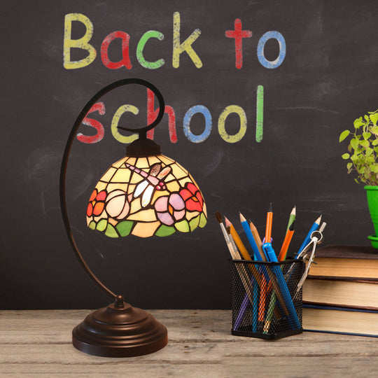 Mediterranean Cut Glass Domed Night Table Lamp - Dark Coffee Dragonfly and Flower Patterned Desk Light