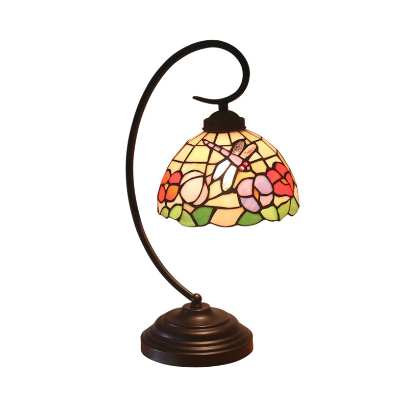 Mediterranean Cut Glass Domed Night Table Lamp - Dark Coffee Dragonfly and Flower Patterned Desk Light