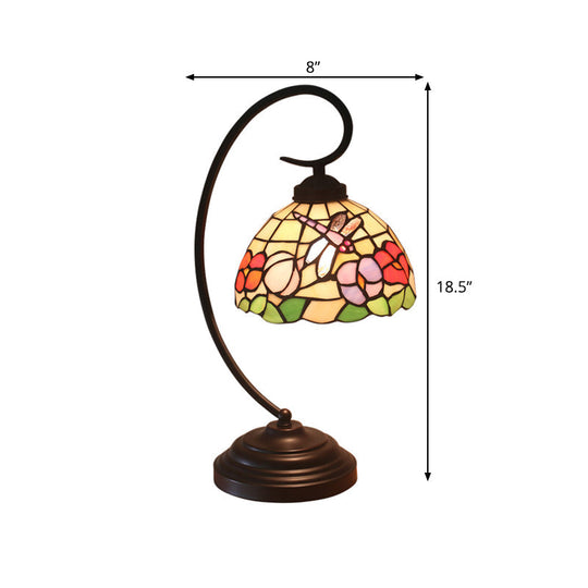 Mediterranean Cut Glass Domed Night Table Lamp - Dark Coffee Dragonfly and Flower Patterned Desk Light