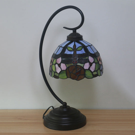 Tiffany Style Dragonfly Patterned Desk Lamp with Stained Glass Dome Shade