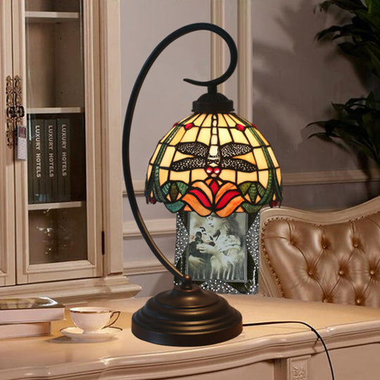 Tiffany Style Dragonfly Patterned Desk Lamp with Stained Glass Dome Shade