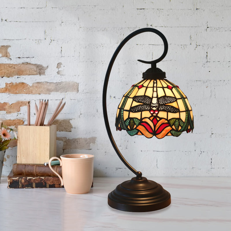 Tiffany Style Dragonfly Patterned Desk Lamp with Stained Glass Dome Shade