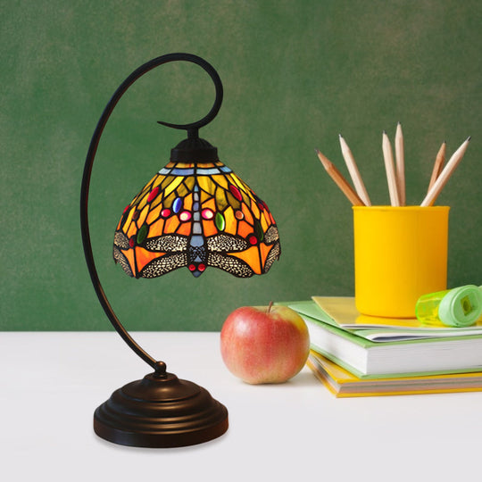 Dragonfly Cut Glass Victorian Desk Lamp - 1 Light Orange/Green Night Light with Curved Arm for Bedroom