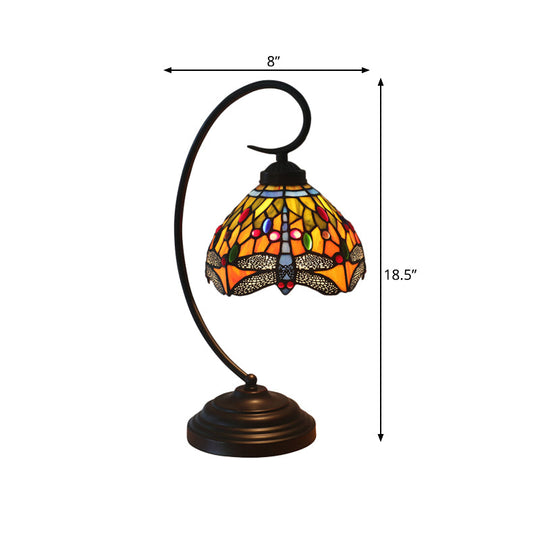 Dragonfly Cut Glass Victorian Desk Lamp - 1 Light Orange/Green Night Light with Curved Arm for Bedroom