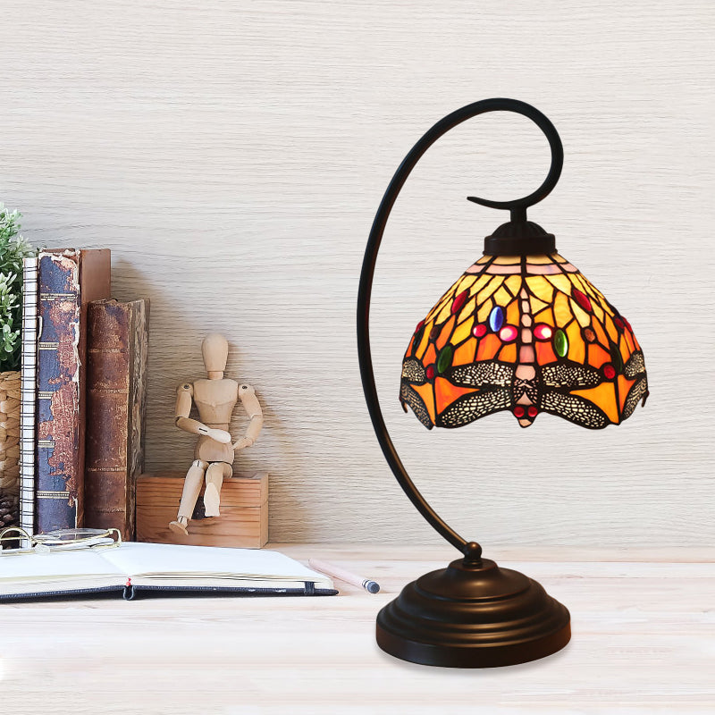 Dragonfly Cut Glass Victorian Desk Lamp - 1 Light Orange/Green Night Light with Curved Arm for Bedroom
