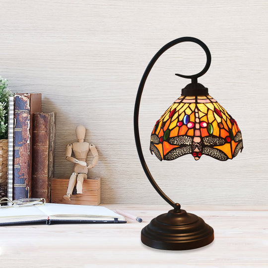 Dragonfly Cut Glass Victorian Desk Lamp - 1 Light Orange/Green Night Light with Curved Arm for Bedroom