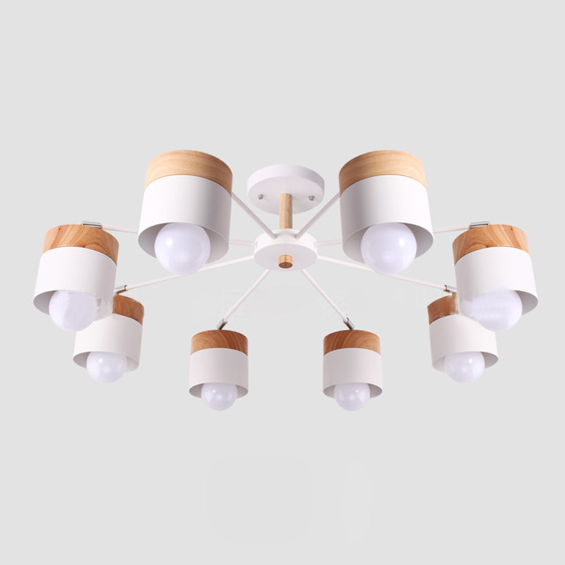8-Light Modern White Metal and Wood Semi Flush Chandelier - Stylish Ceiling Light Fixture