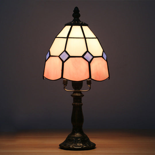 Tiffany Style Cut Glass Grid Dome Nightlight - 1 Light Red/Pink Nightstand Lamp for Bedside
