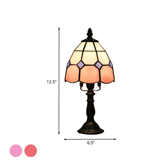 Tiffany Style Cut Glass Grid Dome Nightlight - 1 Light Red/Pink Nightstand Lamp for Bedside